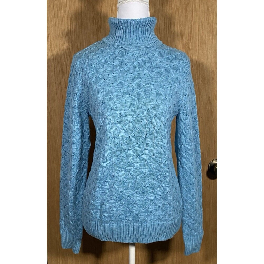 Women's Sm Cable Knit Sweater Turtleneck Aqua Blue Career Preppy Old Money NWT